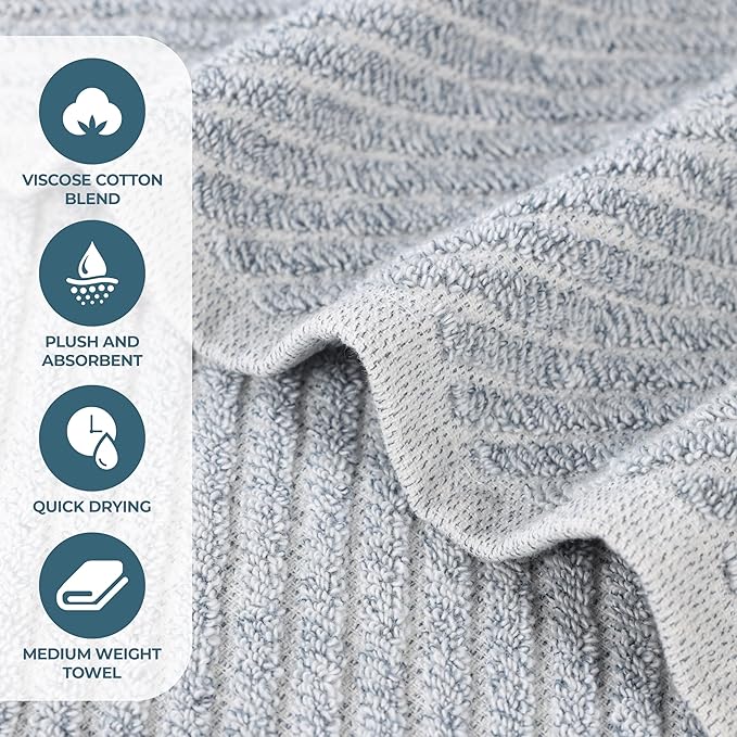 Superior Amelia Viscose Cotton Blend Medium Weight Towels, for Kitchen, Bathroom, Spa, Plush, Quick Dry, Ultra-Soft Towels, Bath Essentials, Ribbed Design, Absorbent Hand Towels, Set of 6, Denim Blue