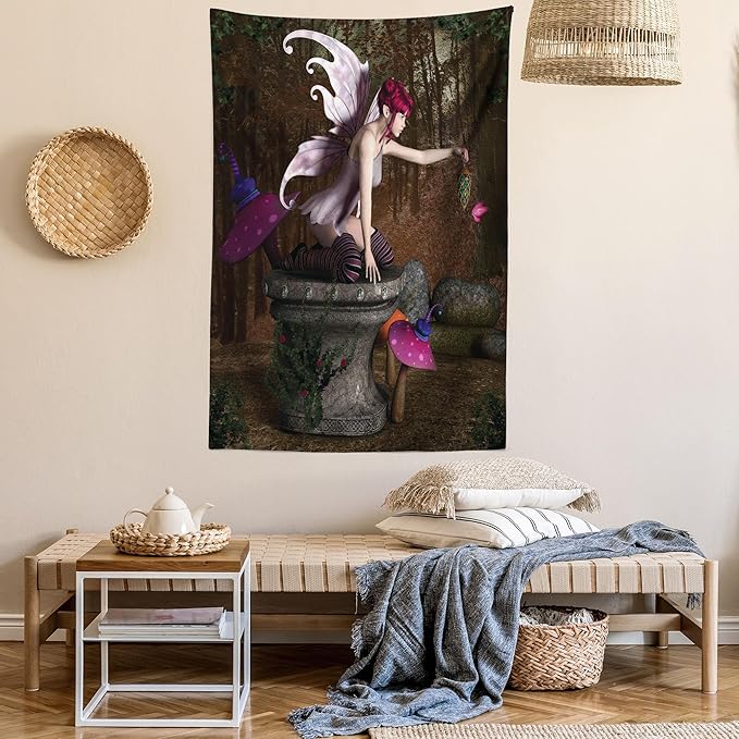 Ambesonne Tale Tapestry, Dimensional Mythical Creature Design Artifact on Pedestal Forest Print, Fabric Wall Hanging Decor for Bedroom Living Room Dorm, 23" X 28", Red Purple Grey