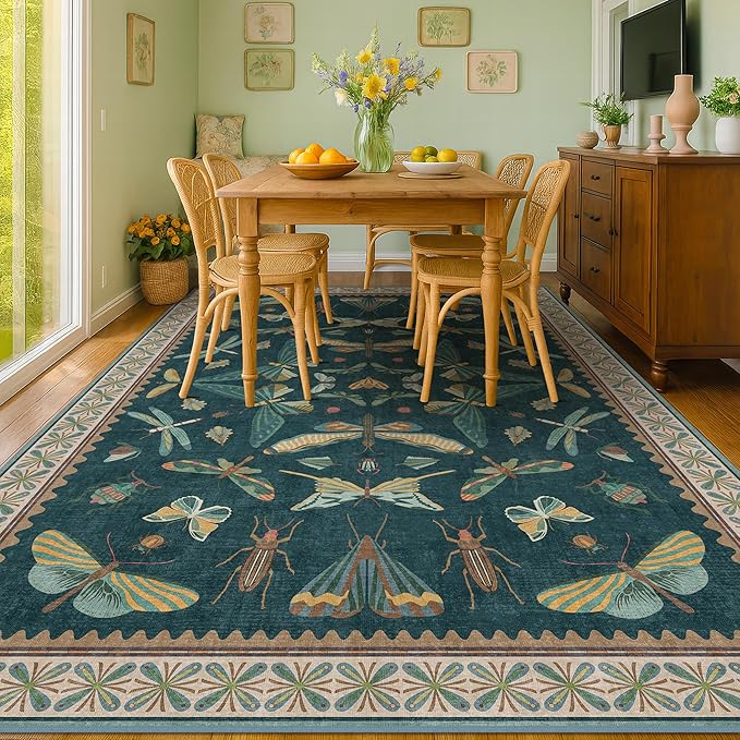 Teal Green Living Room Rugs - 10x14 Large Area Rug for Dining Room, Big Bedroom, Playroom Kids, Foldable Insect Décor