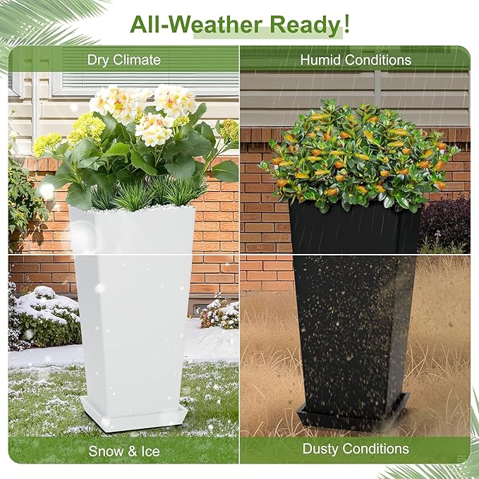 24" Tall Planters for Outdoor Plants, Set of 2 Large Outdoor Planters for Front Porch Decor with Drainage Hole, Tall Planter(White)