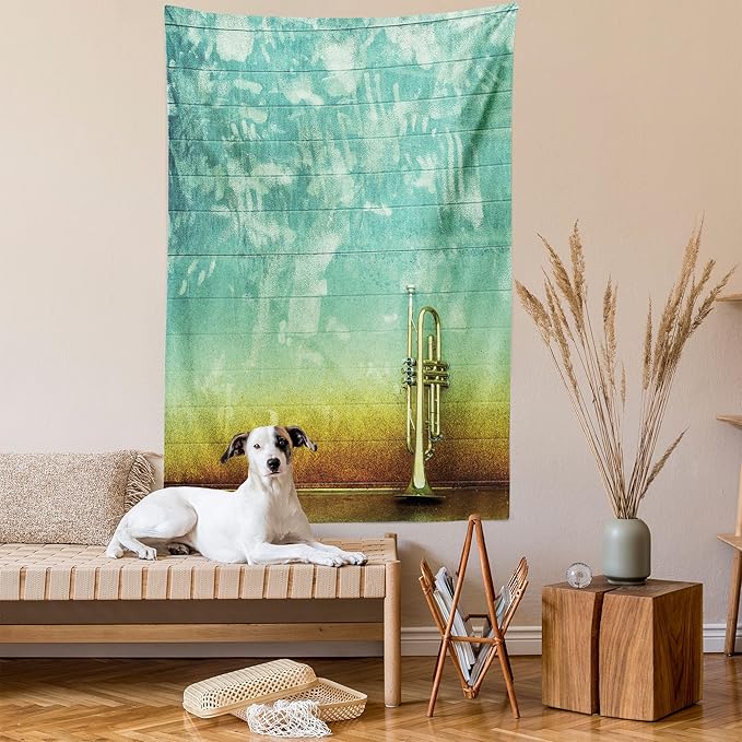 Ambesonne Music Tapestry, Old Aged Worn Single Trumpet Stands Alone Against a Faded Wall Jazz Theme Photo, Fabric Wall Hanging Decor for Bedroom Living Room Dorm, 23" X 28", Teal Brown