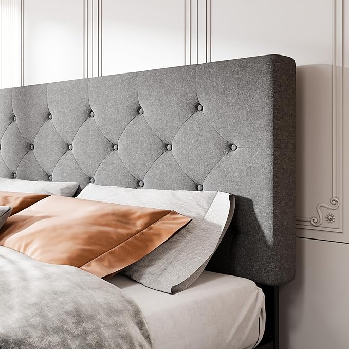 MUTICOR Queen Size Bed Frame with 4 Storage Drawers, Upholstered Platform Bed with Button Tufted Adjustable Headboard, No Box Spring Needed, Easy Assembly, Diamond Tufted, Light Grey Fabric