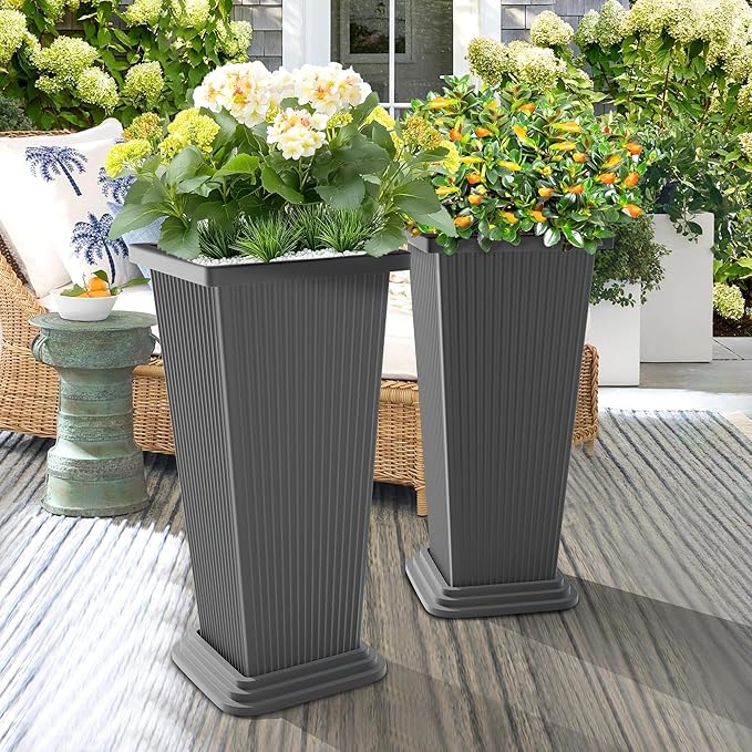 Set of 4 24" Tall Plastic Planters with Trays, Large Tapered Plant Pots for Indoor Outdoor Use, Modern Decorative Planters for Porch, Patio, Garden, and Backyard