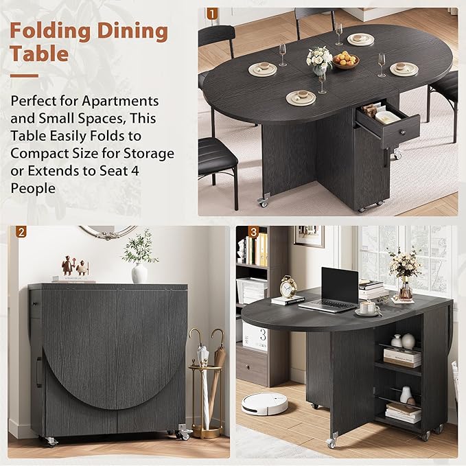 Folding Dining Table for 4 Kitchen Dining Room DinnerTable with Storage Drawer Space Saving Oval Foldable Drop Leaf Gateleg Furniture for Small Space (Black, 51 * 31.5 * 30)