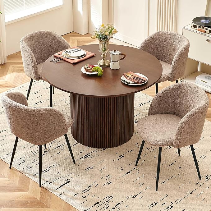NORDICANA 5-Piece Wooden Round Dining Room Table and Chair Set, 47-Inch Kitchen Table with Barrel Chairs for 4, Brown Upholstered Sherpa Dining Set, MDF Core with Walnut Finish
