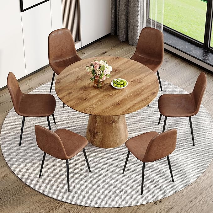 Round Dining Table Set for 6,45'' Farmhouse Dining Room Table Set for 6 with Suede Chairs,1" Thick Wood Pattern Tabletop with Conical Base,7 Pieces Kitchen Table Set for Dining Room,Apartment