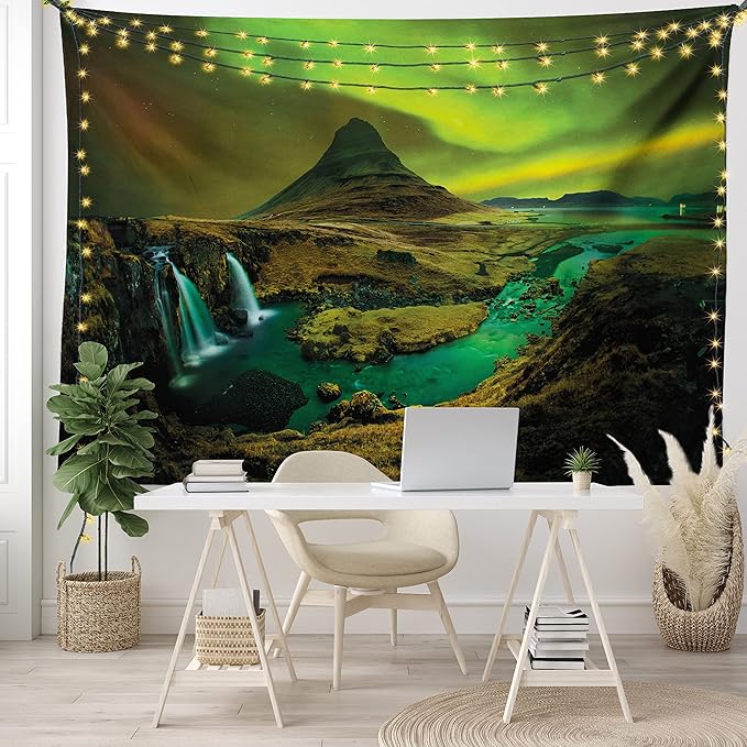Ambesonne Aurora Borealis Tapestry, Pale Weather over the Hills Waterfall Creek Nature Landscape, Wide Wall Hanging for Bedroom Living Room Dorm, 60" X 40", Olive Green
