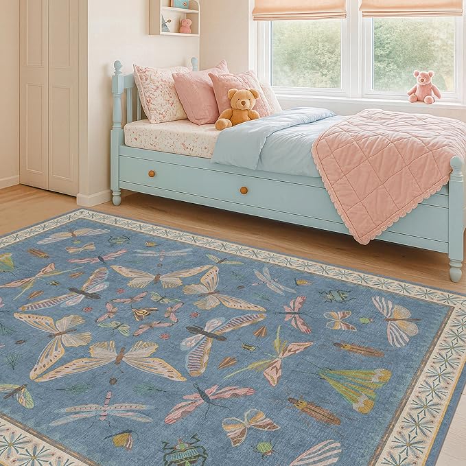 Insect 3x5 Washable Stain Resistant Rugs for Large Kitchen, Ultra Soft Faux Wool Rugs for Kids Bedroom Beside Bed, Non Slip Entry Rug, Low Pile Fade Resistant, Dusty Blue