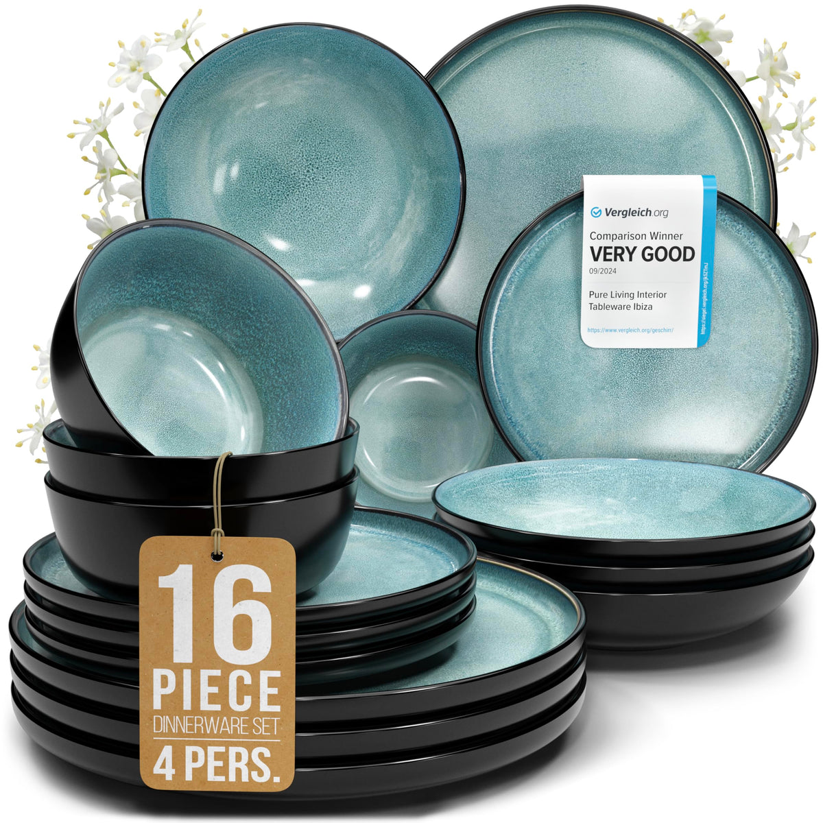 24 Piece Stoneware Dinnerware Set for 8, Handmade Plates and Bowls Set