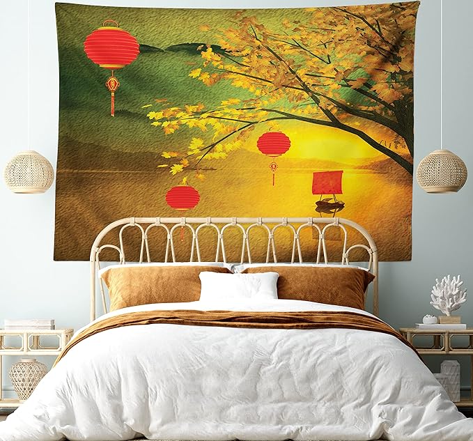 Ambesonne Oriental Tapestry King Size, Traditional Chinese Folk Hanging from Pale Fall Trees Lake Faded Nature Photo, Wall Hanging Bedspread Bed Cover Wall Decor, 104" X 88", Yellow Green