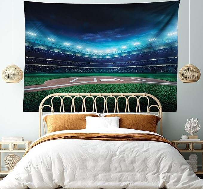 Ambesonne Baseball Tapestry, Professional Baseball Field at Night Vibrant Playground Stadium League Theme Print, Wide Wall Hanging for Bedroom Living Room Dorm, 80" X 60", Blue Green