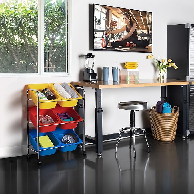 Seville Classics Rolling Utility Organizer Storage Cart, for Home Office, School, Classroom, Scrapbook, Hobby, Craft, 6-Bin, Multicolor
