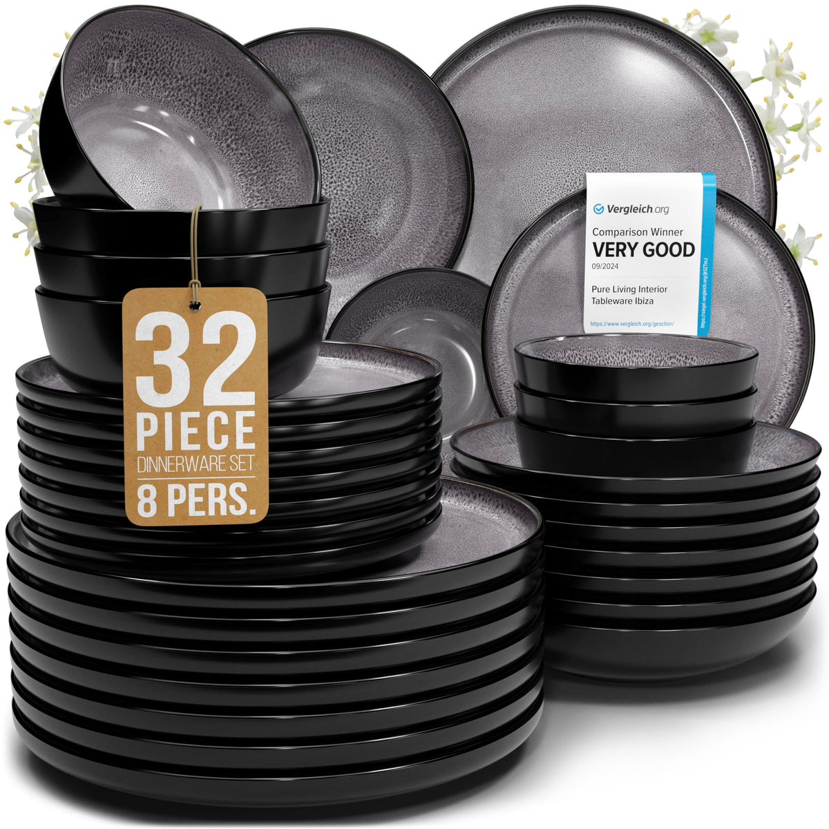 24 Piece Stoneware Dinnerware Set for 8, Handmade Plates and Bowls Set