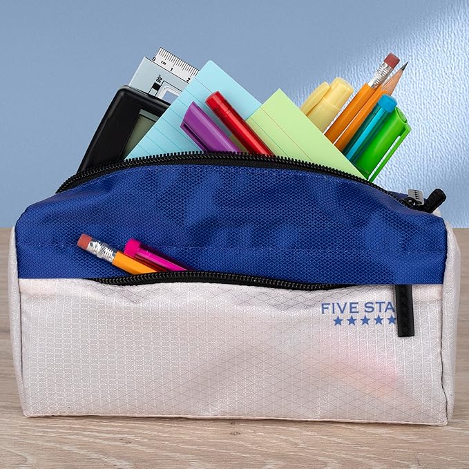 Five Star Pencil Pouch 9-Pocket Zipper Storage Organizer Case for Office Supplies Earbuds Chargers Cables Makeup, Tan/Blue (505600C)