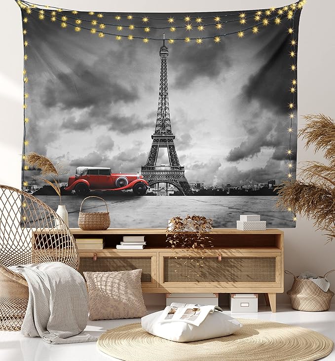 Ambesonne Eiffel Tower Tapestry, Image of Eiffel Tower Paris France Vintage Car Street Dark Clouds, Fabric Wall Hanging Decor for Bedroom Living Room Dorm, 28" X 23", Black Red