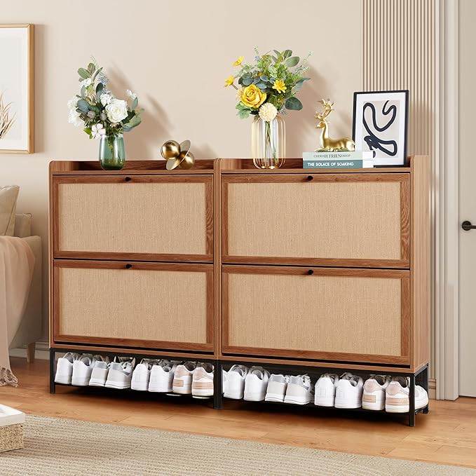 LEVNARY Shoe Cabinet Set of 2, Wooden Narrow Shoe Racks Cabinet Storage with 2 Flip Drawers, Hidden Freestanding Shoe Organizer for Hallway, Entryway, Home (2, Walnut)