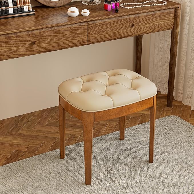 Solid Wood Button Tufted Vanity Stool, Ottoman Stool with Wood Legs & Padded Seat PU Leather Upholstered Piano Bench with Non-Slip Foot Pads Accent Chair for Bedroom Entryway, Beige