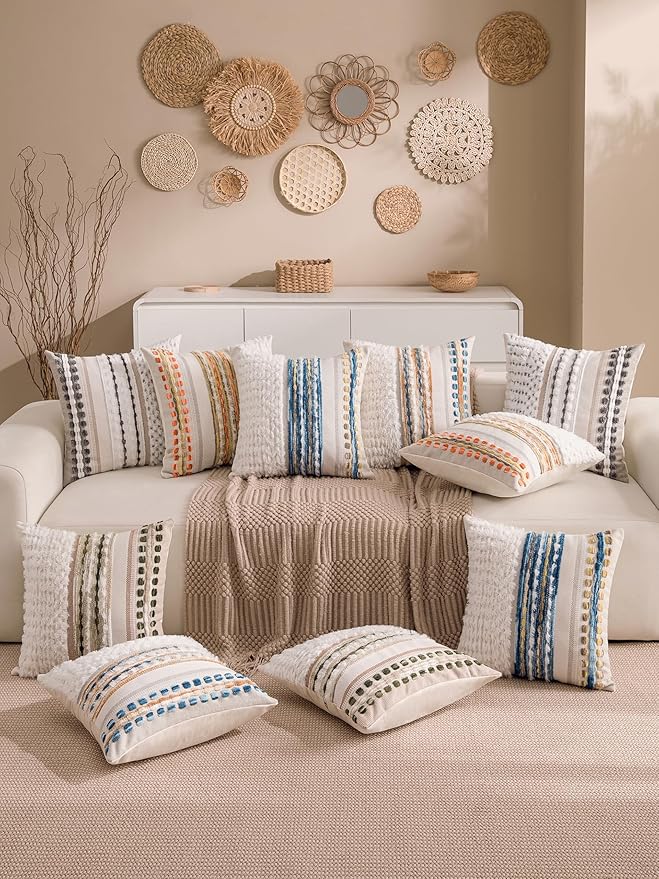 KOOLIFE Boho Chenille Tufted Couch Throw Pillow Covers 18x18 Inch Set of 2 Farmhouse Striped Decorative Pillow Covers Accent Neutral Pillowcase Caramel Brown Blue Cushion Cover for Livingroom Sofa Bed