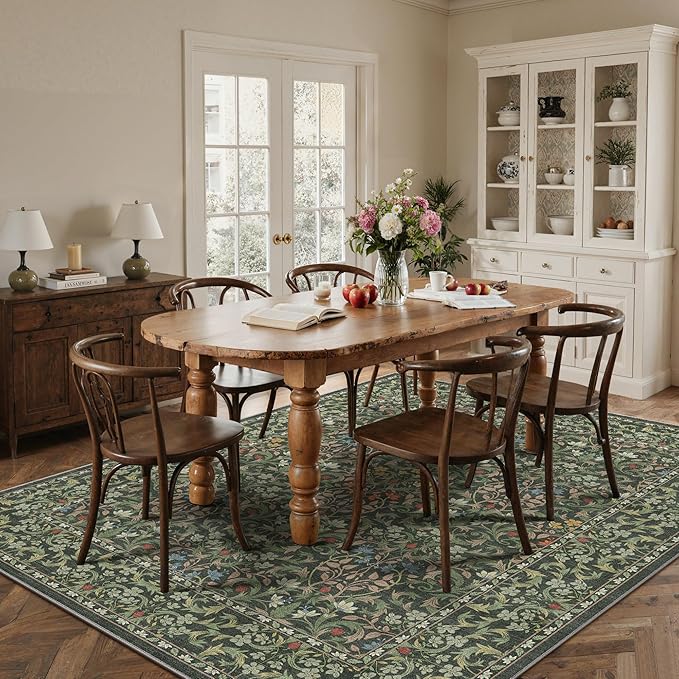 GENIMO 9x12 Washable Area Rug, Non-Slip Vintage Boho Floral Carpet, Soft Low-Pile Thin Large Living Room Rug for Bedroom, Dining Room, Nursery, Emerald Green