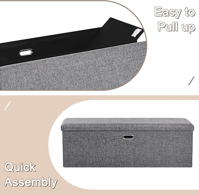 VECELO 43'' Folding Storage Ottoman Bench, End of Bed Linen Fabric Foot Rest Stool with Padded Seat, Large Footstools for Bedroom, Living Room, Load 660 lb, Grey