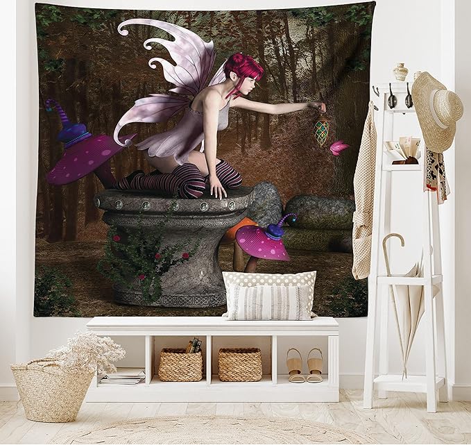 Ambesonne Tale Tapestry, Dimensional Mythical Creature Design Artifact on Pedestal Forest Print, Wide Wall Hanging for Bedroom Living Room Dorm, 80" X 60", Red Purple Grey