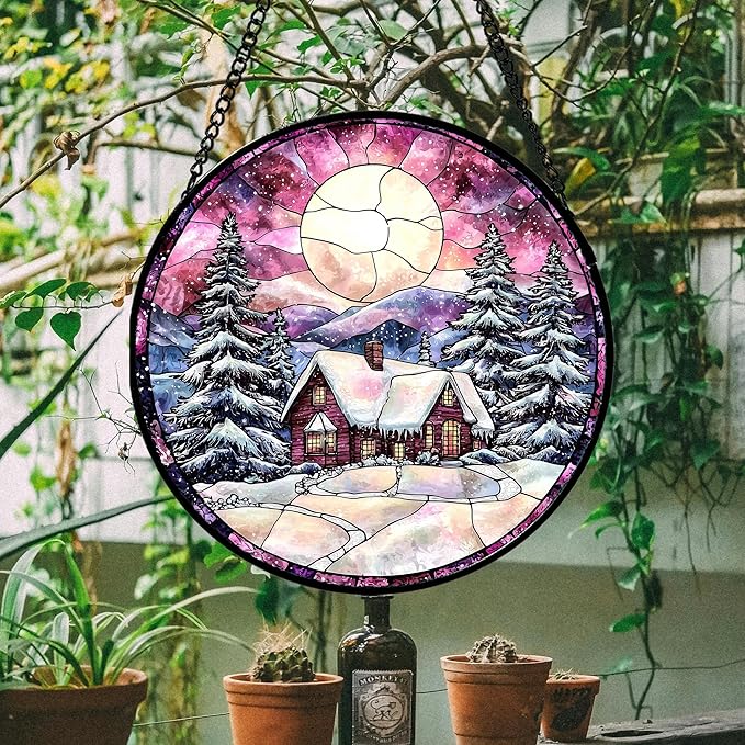 Stained Glass Window Hanging - Winter Snow Scene Cabin Moon Sun Catcher for Door Garden Home Decor Pine Tree Suncatcher Christmas Mother's Day Birthday Gifts for Women Men Mom Nana 6.3 in