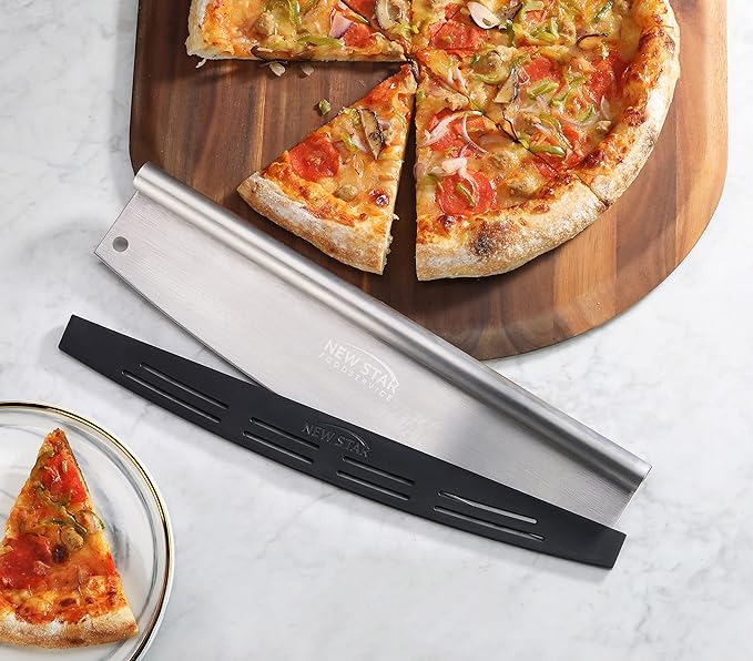 New Star Foodservice Stainless Steel Pizza Cutter (18") and Acacia Wood Pizza Peel (20") Combo Set