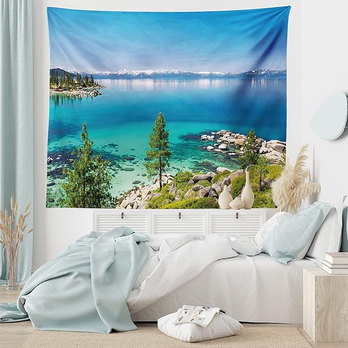 Ambesonne Blue Tapestry King Size, Tranquil View of Lake Tahoe Sierra Pines on Rocks with Turquoise Waters Shoreline, Wall Hanging Bedspread Bed Cover Wall Decor, 104" X 88", Blue Grey Green