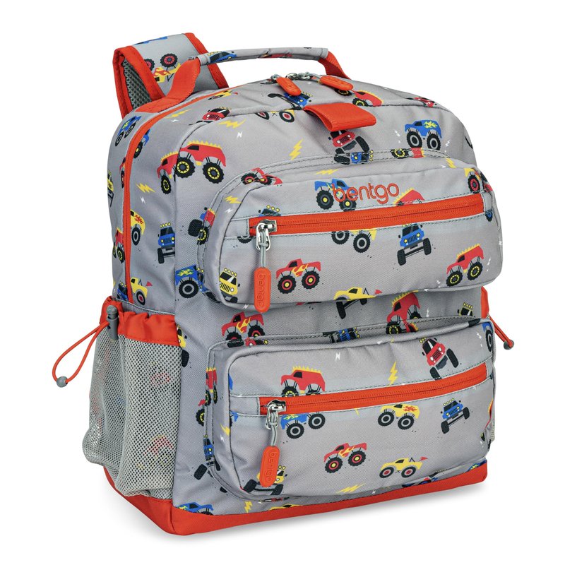 Bentgo Kids Backpack - Lightweight 14” Backpack in Fun Prints for School, Travel, & Daycare, Ideal for Ages 4+, Roomy Interior, Durable & Water-Resistant Fabric, & Loop for Lunch Bag (Trucks)