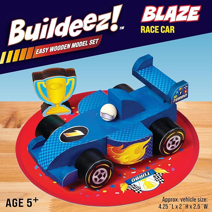 Creativity for Kids Buildeez! Easy Wooden Model Set: Blaze The Race Car - Model Car Kits to Build and Paint, Craft Kits for Kids, STEM Toys and Crafts for Boys (Ages 5+)