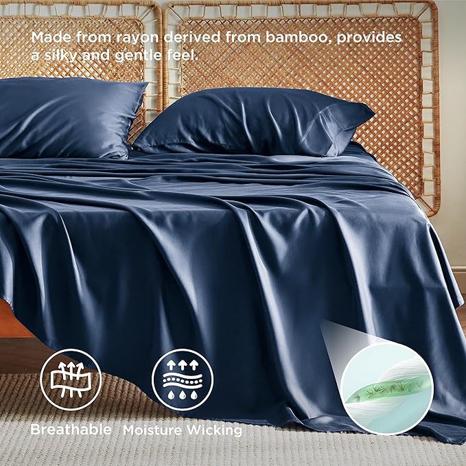 Bedsure California King Sheet Sets, Cooling Sheets for Hot Sleepers, Rayon Derived from Bamboo, Breathable & Soft, Deep Pocket Up to 16 Inches, Hotel Luxury Silky Bedding, Navy