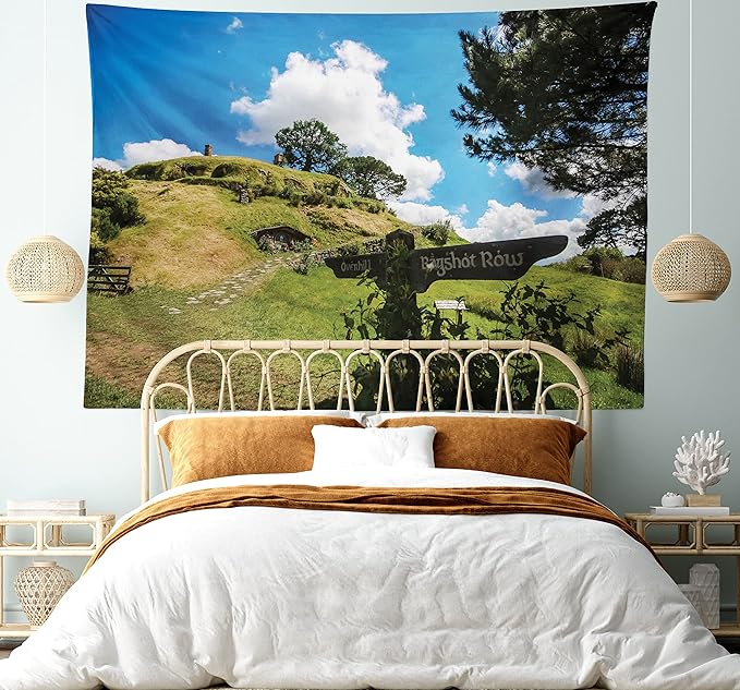Ambesonne Hobbits Tapestry, Overhill Hobbit Village in Matamata New Zealand Fantasy Scene House Image Print, Fabric Wall Hanging Decor for Bedroom Living Room Dorm, 45" X 30", Green Blue