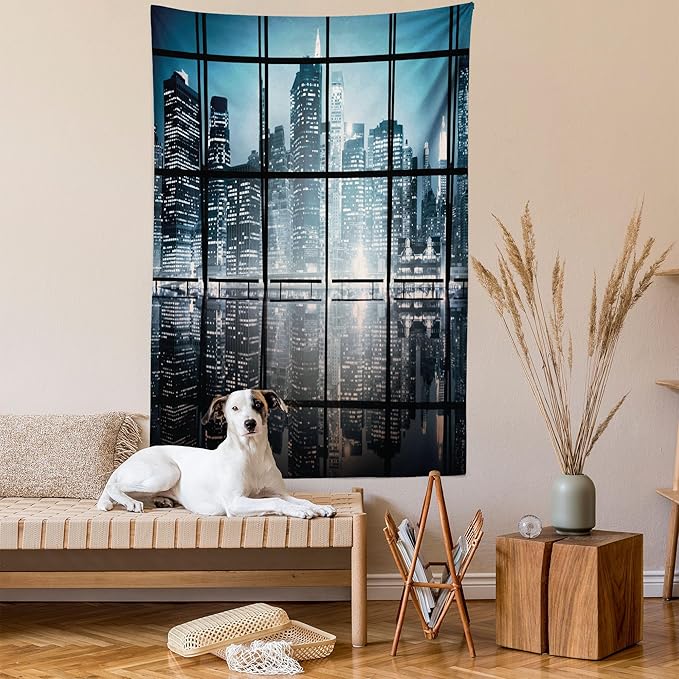 Ambesonne Modern Tapestry Twin Size, Modern New York City Scenery at Night with Skyscrapers Buildings Print, Wall Hanging Bedspread Bed Cover Wall Decor, 68" X 88", Black Blue