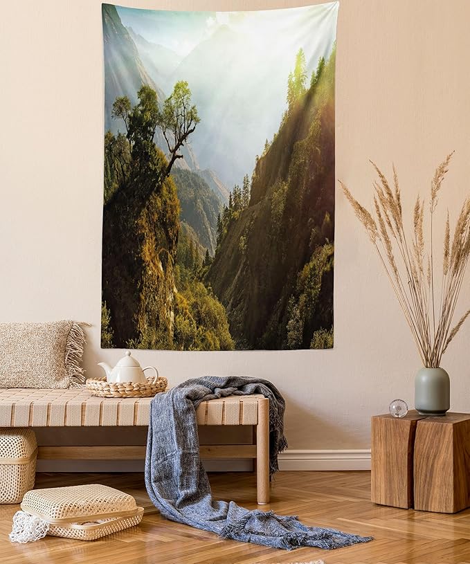 Ambesonne Landscape Tapestry Queen Size, Forest Nepal Himalaya Mountains Sunlight Majestic Scenery Nature Photo, Wall Hanging Bedspread Bed Cover Wall Decor, 88" X 88", Green Pale Yellow