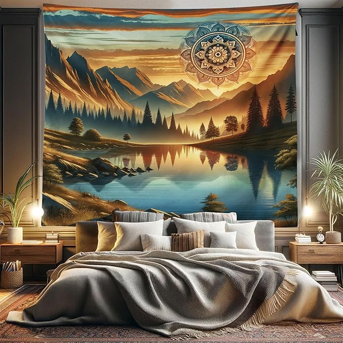 Ambesonne Mountain Tapestry King Size, Laky Scenic Mounts and Woods Oriental Dream Aura Mandala Flower Boho, Wall Hanging Bedspread Bed Cover Wall Decor, 104" X 88", Pale Vermilion Sea Blue