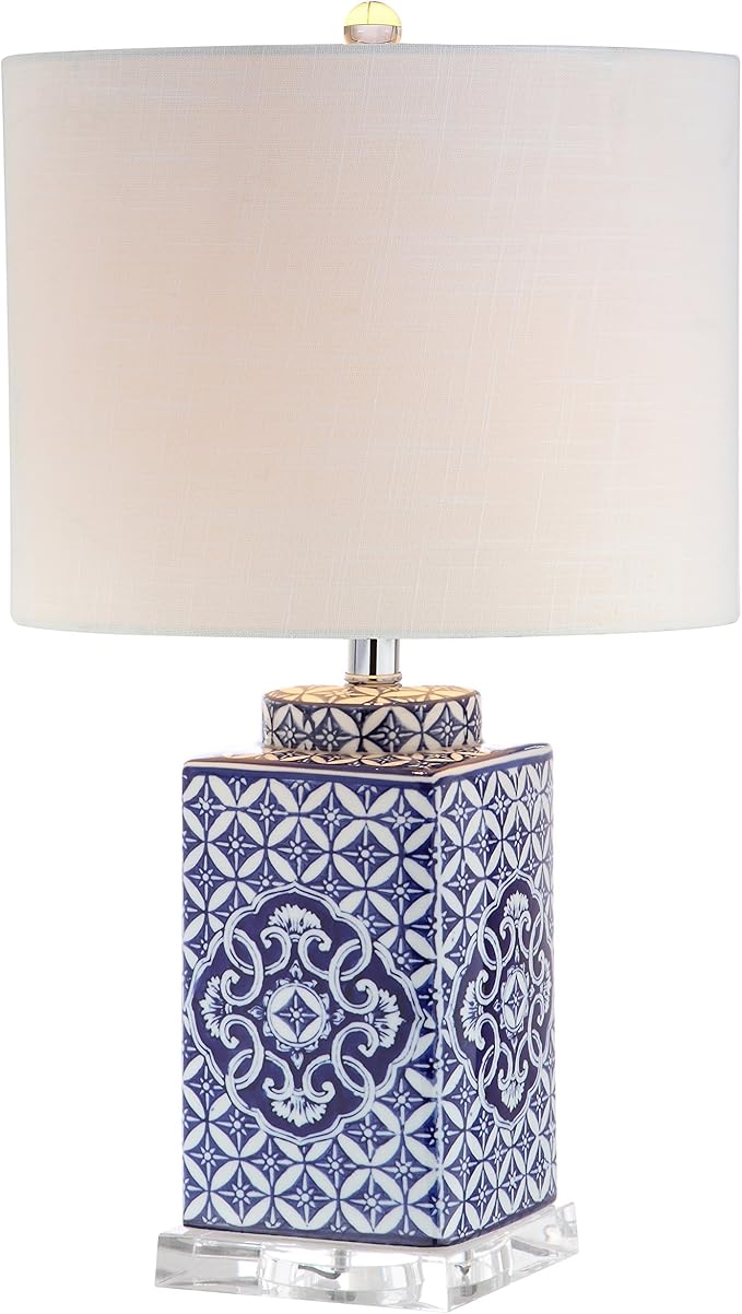 JONATHAN Y 23" Blue and White Chinoiserie Ceramic Table Lamp, Traditional Hand-Painted Bedside Lamp for Living Room Bedroom, White Linen Drum Shade, LED Bulb Included JYL3006A