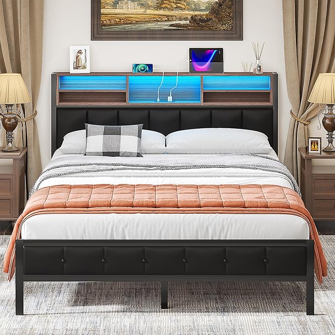 VECELO Farmhouse Metal Bed Frame Full Size with Wooden Headboard & Footboard, Solid Platform Mattress Foundation with Storage, LED Light, Charging Station, USB Ports, Noise-Free, Easy Assembly, Black