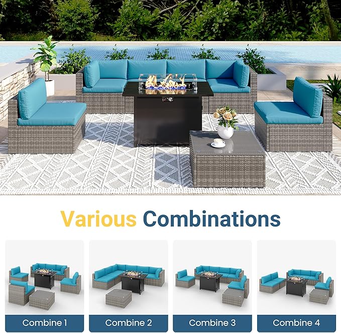 8 Pieces Outdoor Patio Furniture Set with 43" Fire Pit Table, Wicker Outdoor Patio Sectional Sofas with Coffee Table and Cushions, All-Weather Patio Conversation Set for Backyard Garden, Light Blue