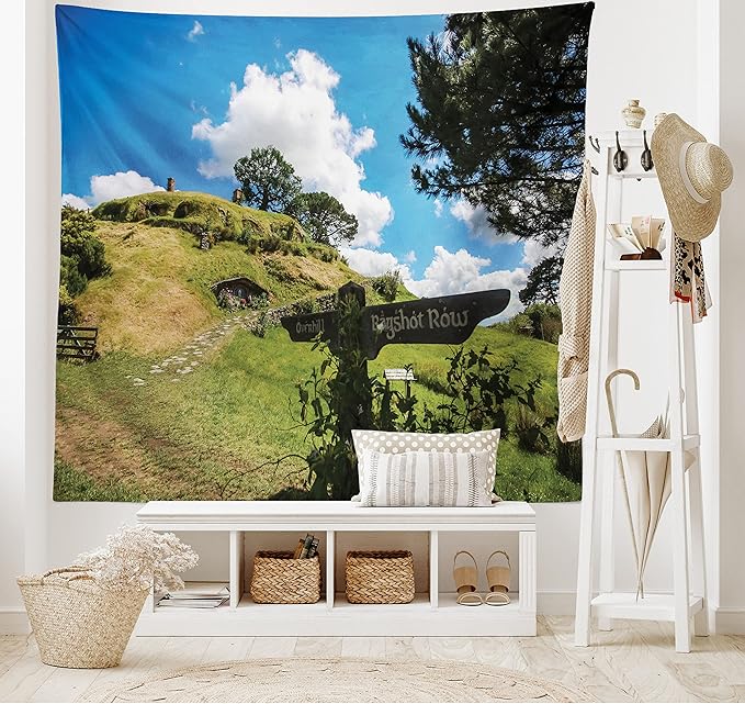 Ambesonne Hobbits Tapestry, Overhill Hobbit Village in Matamata New Zealand Fantasy Scene House Image Print, Wide Wall Hanging for Bedroom Living Room Dorm, 60" X 40", Green Blue