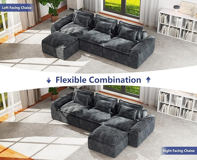 Hobestluk 120" Cloud Sectional Couch 3-Seater Sofa with Deep Seat Modular Sofa with Removable Cover Large Sofa Couch for Living Room (Blue Grey, 3-Seater Sofa)