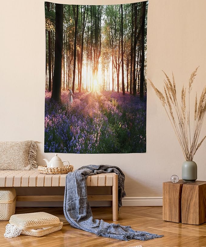 Ambesonne Forest Tapestry, Bluebell Woods Sunrise with White Rabbit Sunny Spring Day in Woodland, Fabric Wall Hanging Decor for Bedroom Living Room Dorm, 30" X 45", Purple Green