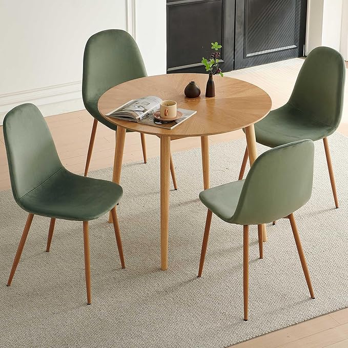Small Oak Round Dining Table Set for 4, Modern 35'' Kitchen Coffee Table with 4 Green Velvet Dining Chairs for Dining Room Apartment