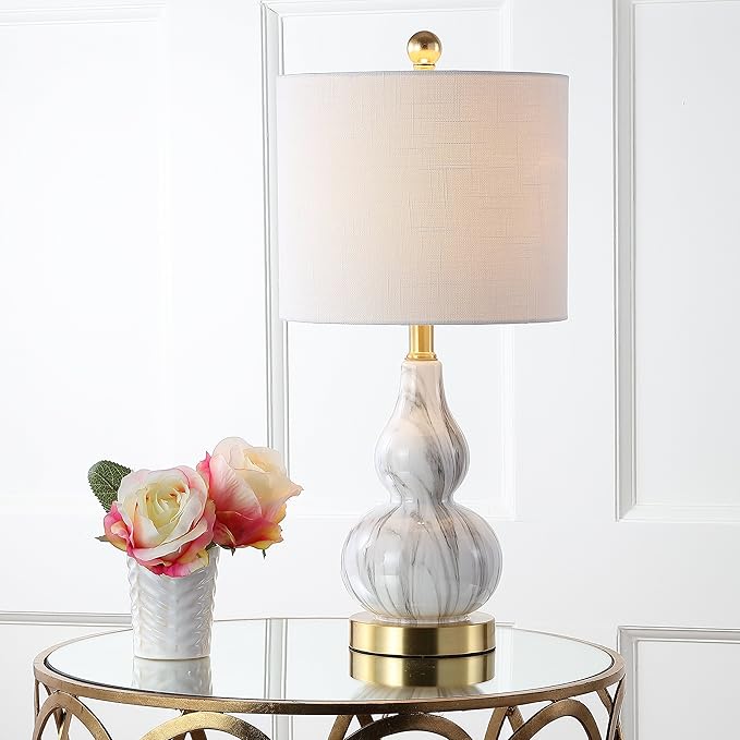 JONATHAN Y 20.5" Black/White Glass Table Lamp, Modern Gourd Bedside Nightstand Lamp for Bedroom, Living Room, White Linen Shade, LED Bulb Included (JYL1028D)
