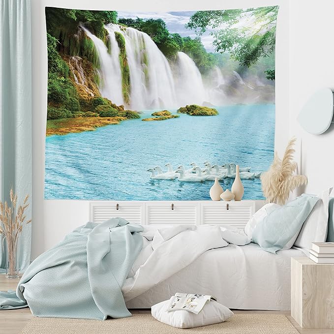 Ambesonne Waterfall Tapestry King Size, Image of a Grand Waterfall with Swans in the Lake Sunny Day Nature Print, Wall Hanging Bedspread Bed Cover Wall Decor, 104" X 88", White Green