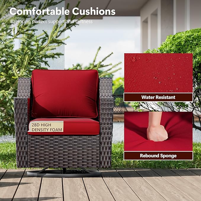 5 Pieces Wicker Patio Furniture, Luxury Outdoor Furniture with 2 Patio Swivel Chair, 2 Patio Ottoman and 1 Side Table, Wide Armrest, Thickened Cushions, Ideal for Deck, Porch Use