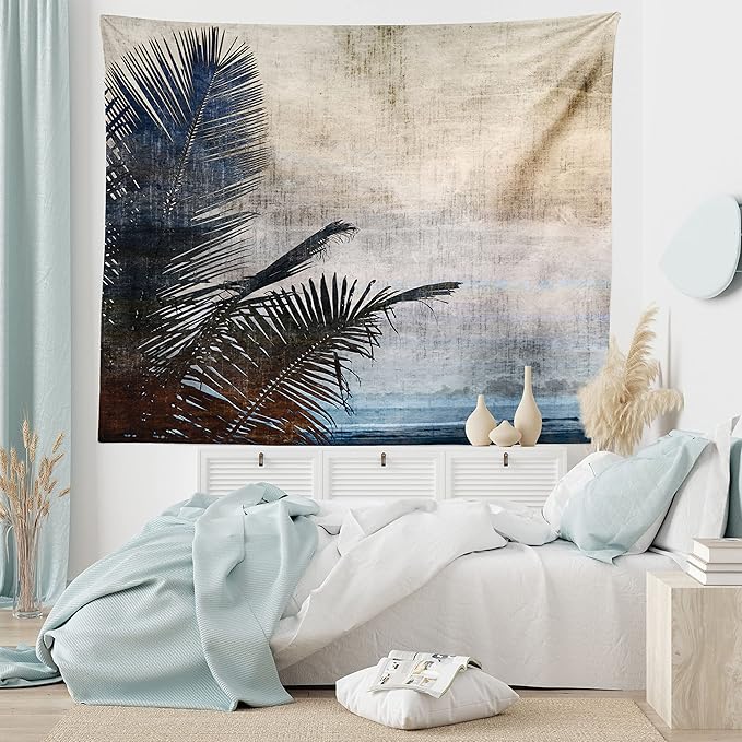 Ambesonne Hawaiian Tapestry King Size, Palm Tree Leaves on Grunge Background with Sea Vintage Waterscape Illustration, Wall Hanging Bedspread Bed Cover Wall Decor, 104" X 88", Beige Indigo