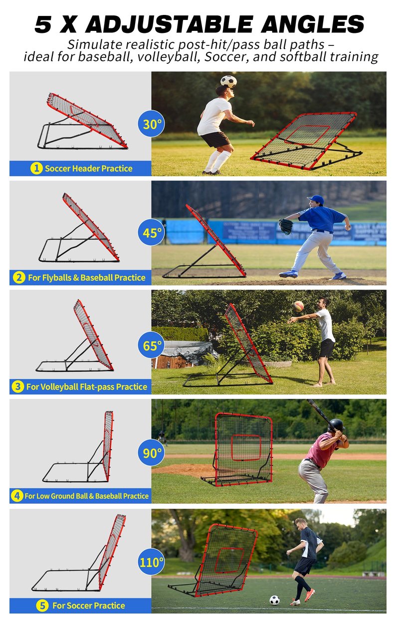 5-Angle Baseball Rebounder Net Bounce Back Net Solo Fielding Trainer 48x52 Inch, Multi-Sport Pitch Back for Ground, Line Drive, Fly Ball with Stable Frame, 45-PLY Net, Carry Bag