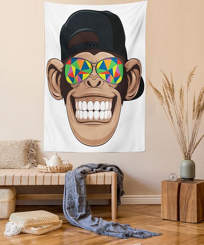 Ambesonne Cartoon Tapestry Twin Size, Fun Hipster Monkey with Colorful Sunglasses and Hat Rapper Hippie Ape Art, Wall Hanging Bedspread Bed Cover Wall Decor, 68" X 88", White Brown