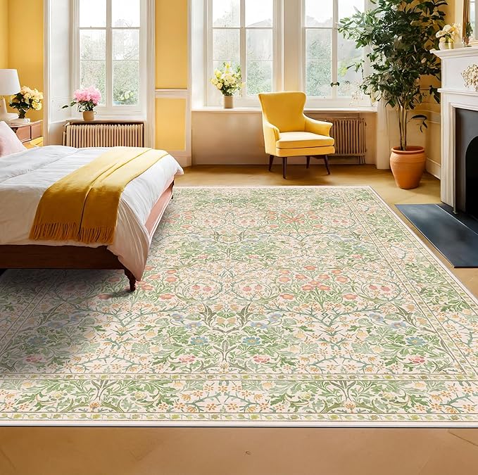 Light Beige Green Living Room Rug, 6x8 Washable Area Rug for Kids Room, Bedroom, Nursery Room, Living Room, Dining Room, Low Pile Non-Slip - Vintage Design & Stain Resistance