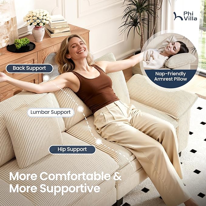 PHI VILLA Indoor Modular Sectional Couches Sets, 2-Piece Armless Sofa Set, 2-Seater Upholstered Couch for Living Room Small Spaces, Corduroy Fabric, Beige